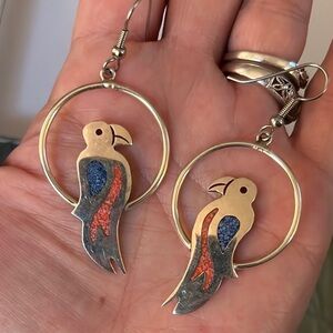 Sterling Silver Parrot Earrings w/ Turquoise and Coral - NFS